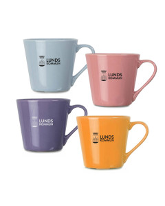 Mugg ljusblå, orangerosa & lila m logo, 4-pack